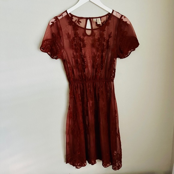 Forever 21 Exclusive Burnt Orange Mesh Lace Dress Sheer Overlay Women’s M - Picture 1 of 7